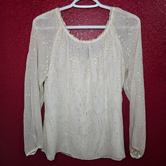 White House Black Market Silk Metallic Golden Sheer Blouse - Picture 4 of 9